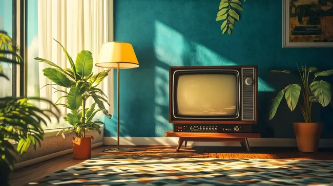 Vintage-TV in gemütlicher 70er-Jahre-Wohnzimmerszene