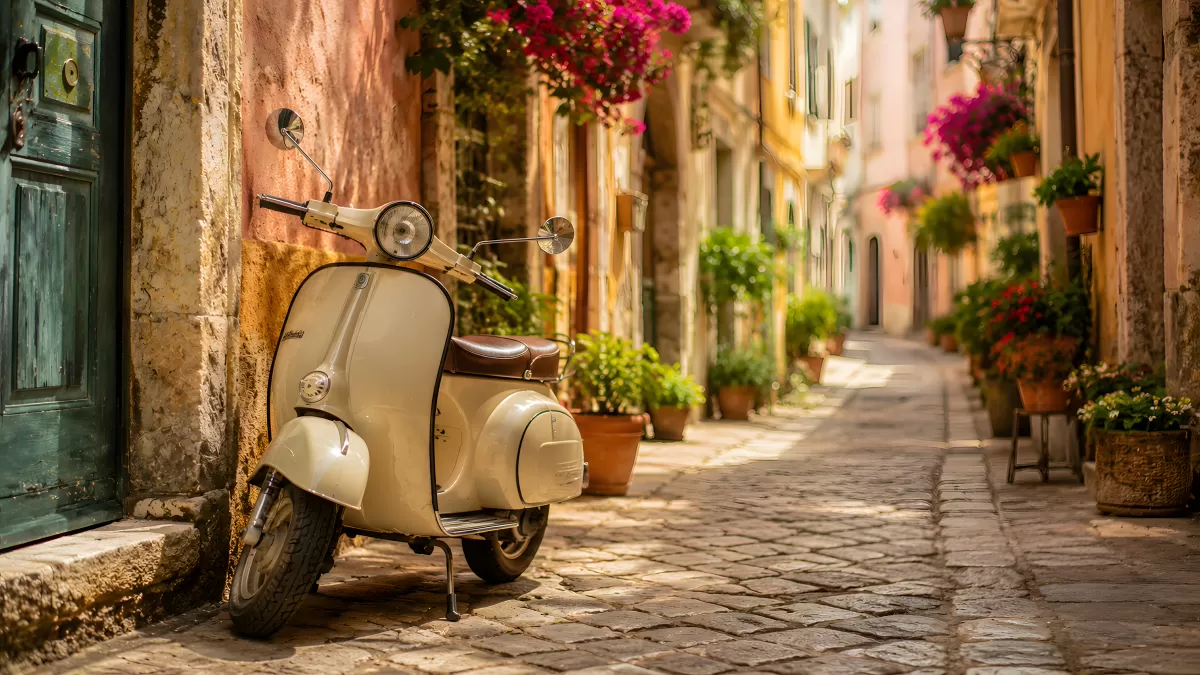 Vintage Vespa in einer blumengeschmückten Gasse