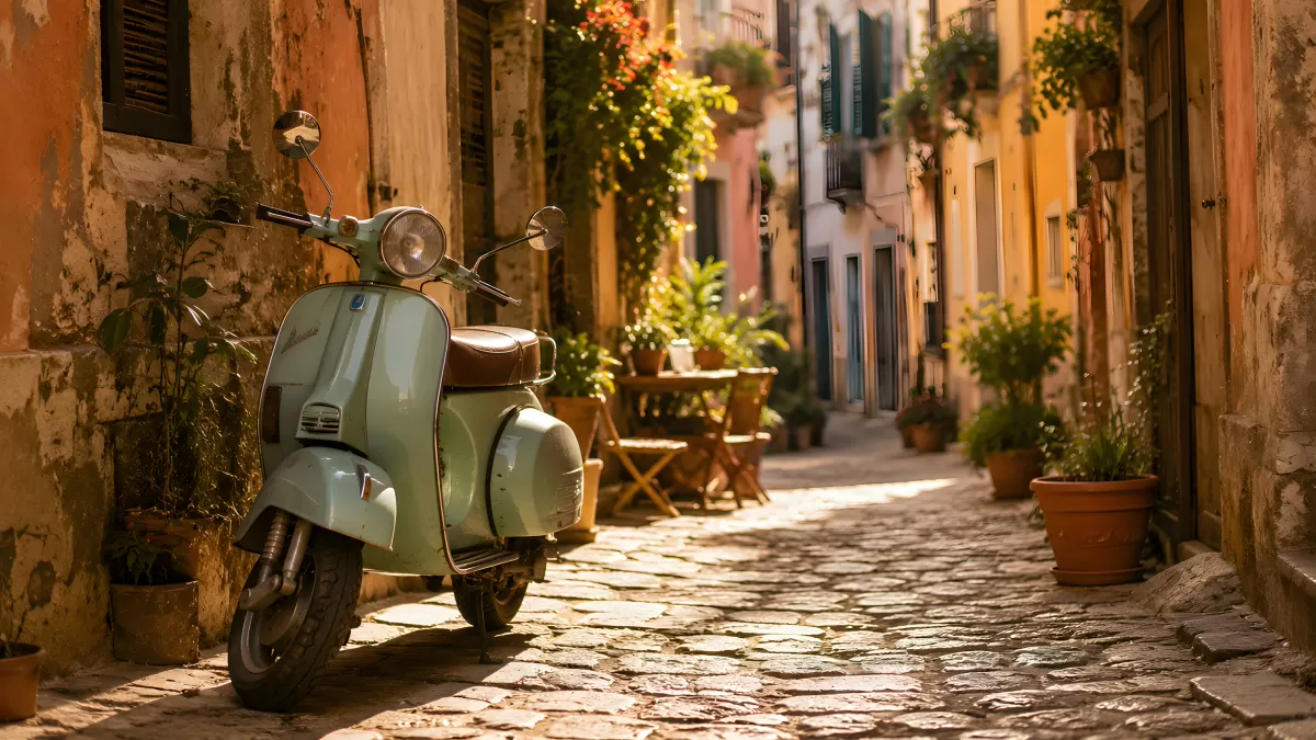 Vintage Vespa in einer sonnigen mediterranen Gasse