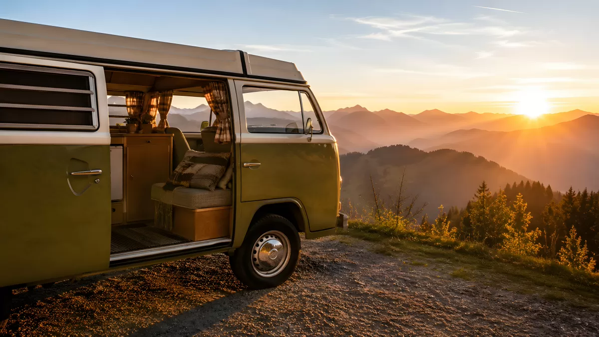 Vintage VW-Bus bei Sonnenuntergang in den Bergen