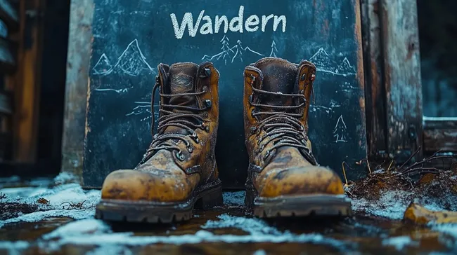 Vintage Wanderstiefel vor Kreidetafel mit Naturmotiven
