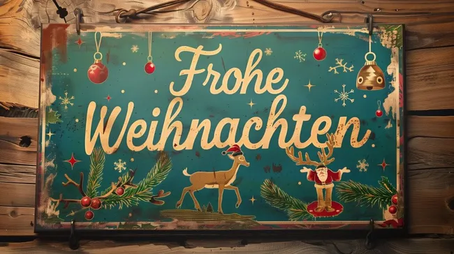 Vintage-Weihnachtsgrußschild mit Rentieren und Christbaumkugeln