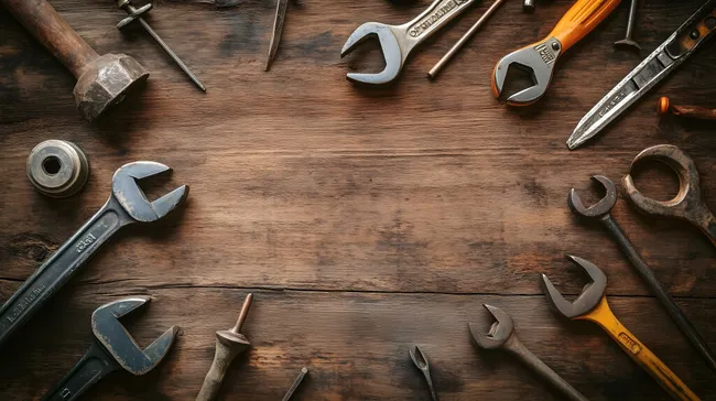 Vintage Werkzeugsortiment auf rustikalem Holzhintergrund