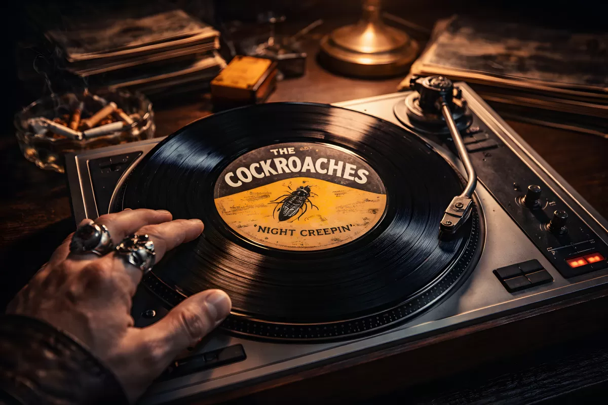 Vinyl-Schallplatte auf Plattenspieler in stimmungsvollem Licht