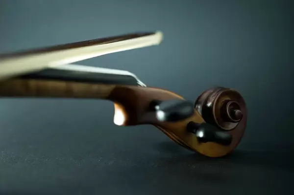 Violin scroll and bow on black surface  Flip 2019