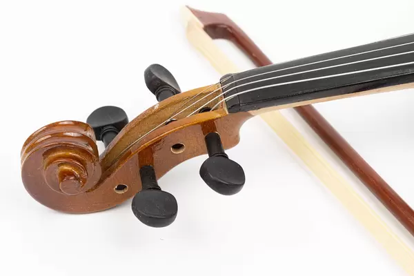 Violin Scroll with Tuning Pegs and Fiddle Bow in the background