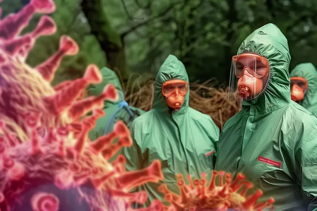 Virusschutzanzüge in grüner Umgebung