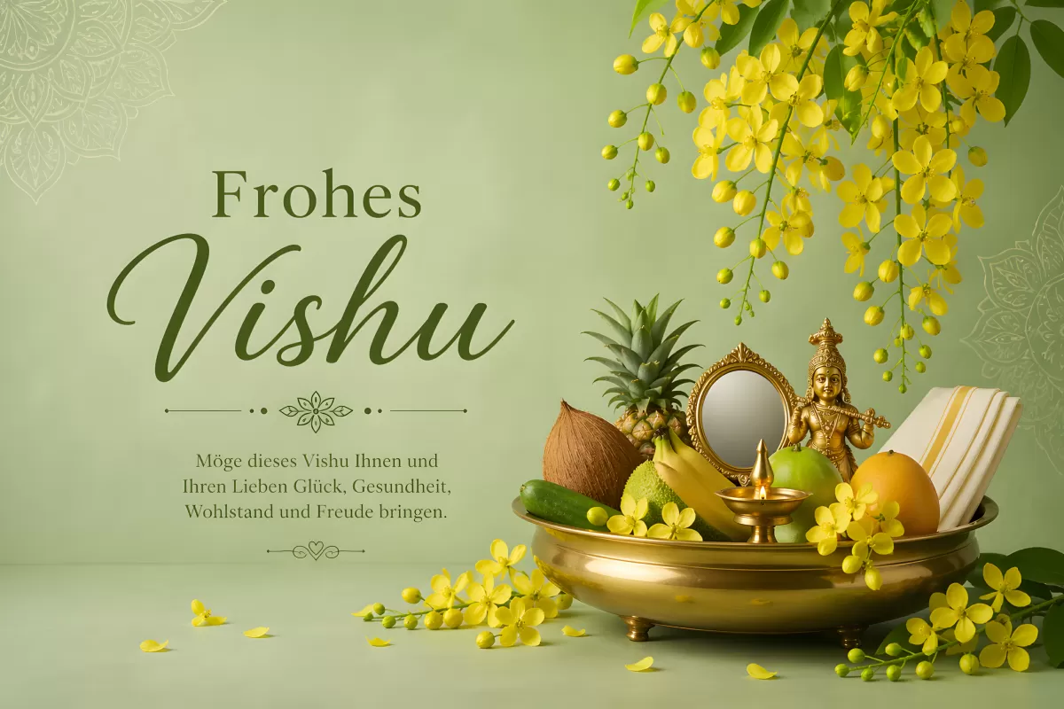 Vishu-Glückwunschkarte mit Kani-Schale und Blumen