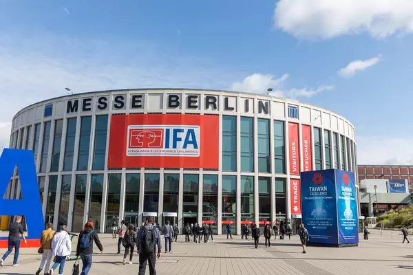 Visitors in front of the entrance of IFA exhibition hall near olympic stadium in Berlin