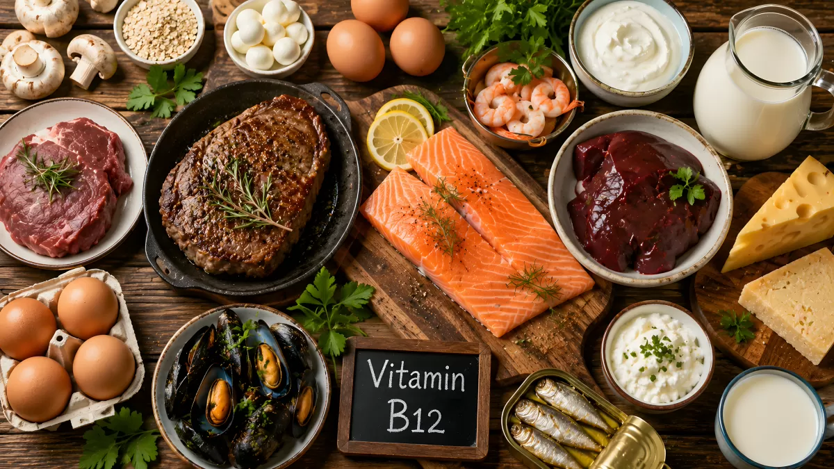 Vitamin B12 Lebensmittel auf rustikalem Holztisch