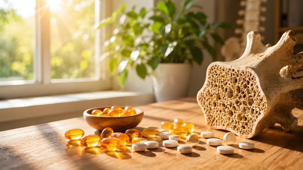 Vitamin-D-Kapseln und Kalziumtabletten neben Knochenmodell