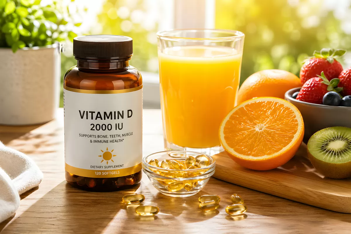 Vitamin D Nahrungsergänzung mit Früchten und Saft