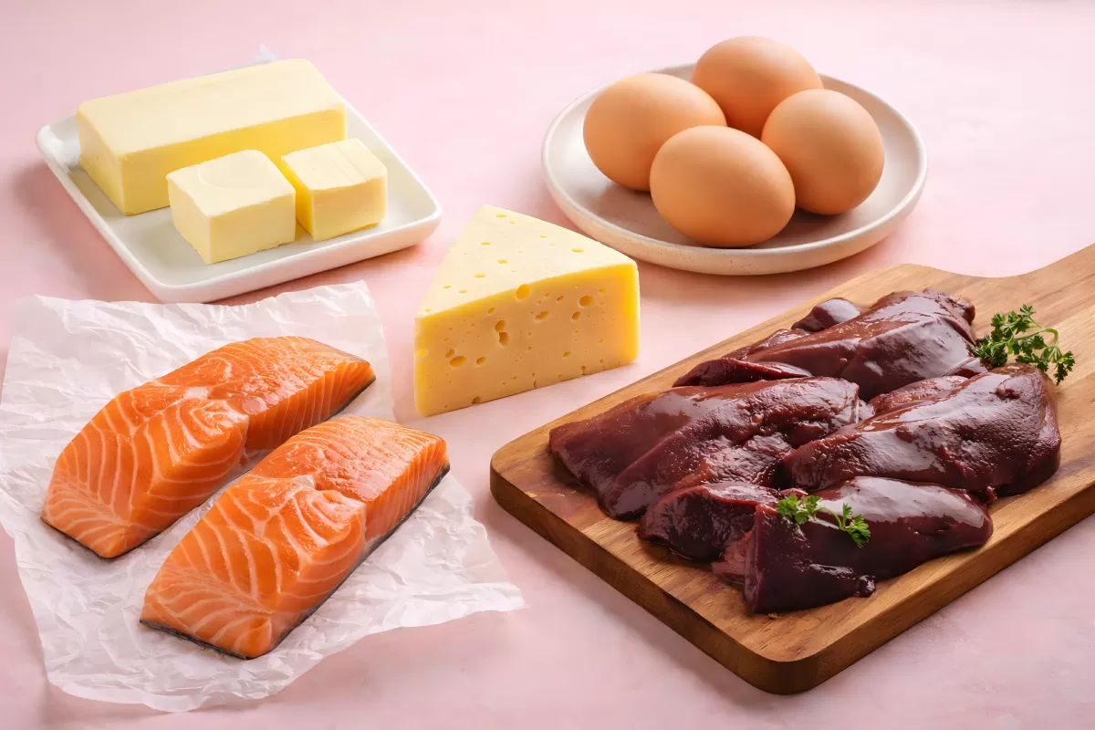 Vitamin-D-reiche Lebensmittel auf rosa Hintergrund