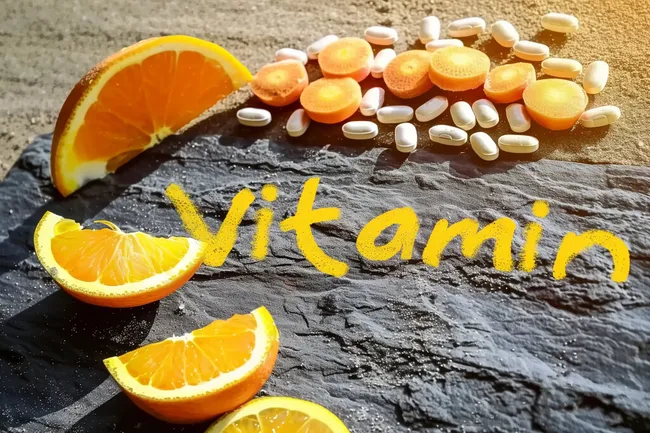 Vitamine in Form von Orangenscheiben und Pillen