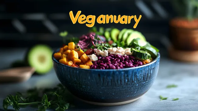Vitaminreicher Veganuary-Schüsselinhalt mit Gemüse