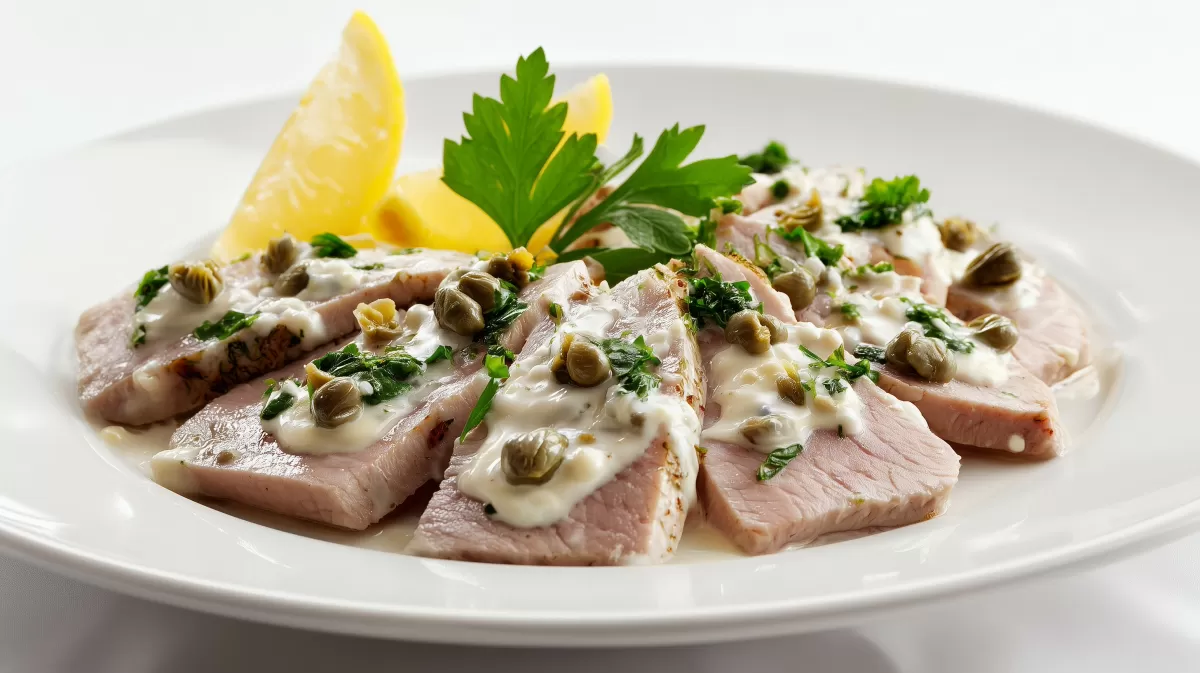 Vitello Tonnato mit Kapern und Zitrone auf Teller