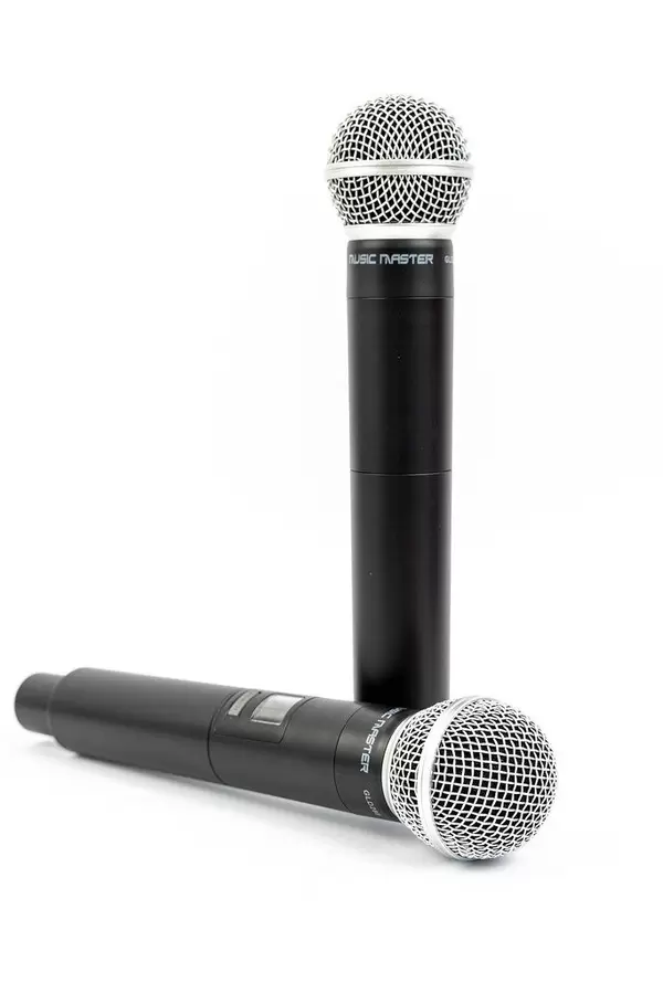 Vocal Microphones above white background with copy space