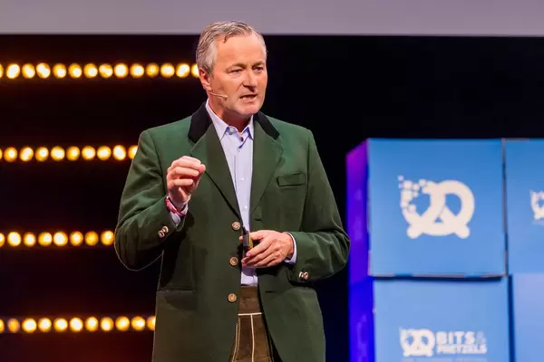 Vodafone CEO for Germany Hannes Ametsreiter gives a speech in traditional Oktoberfest outfit at the startup conference Bits & Pretzels in Munich