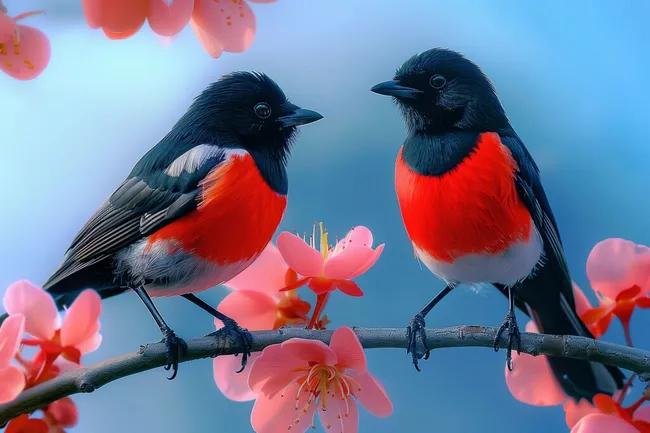 Vögel mit prachtvollen Gefieder auf Blütenzweig