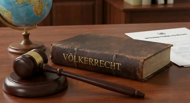 Völkerrechtliches Gesetzeswerk auf Holztisch mit Richterhammerdetails