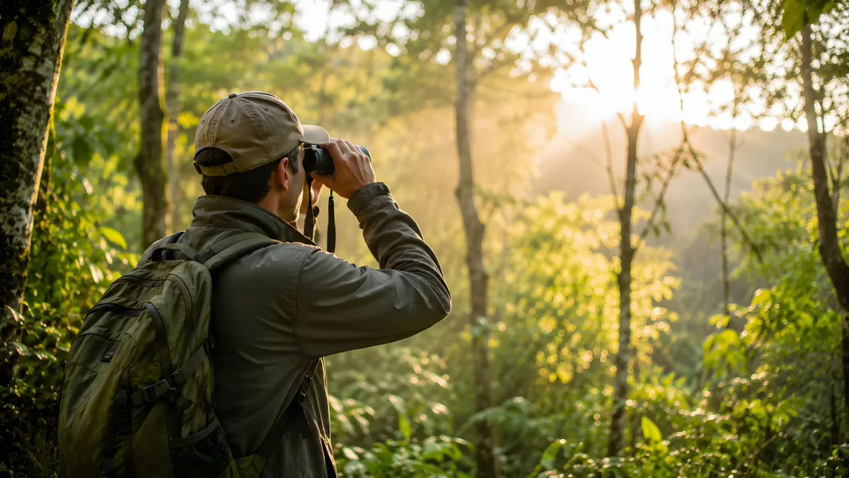 Vogelbeobachter mit Fernglas im Morgenlicht des Waldes