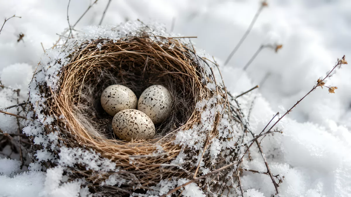 Vogelnest mit gesprenkelten Eiern im Winterschnee