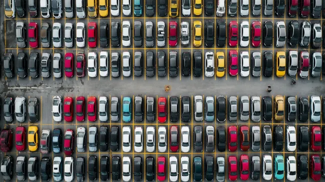Vogelperspektive auf ein Parkhaus voller bunter Autos