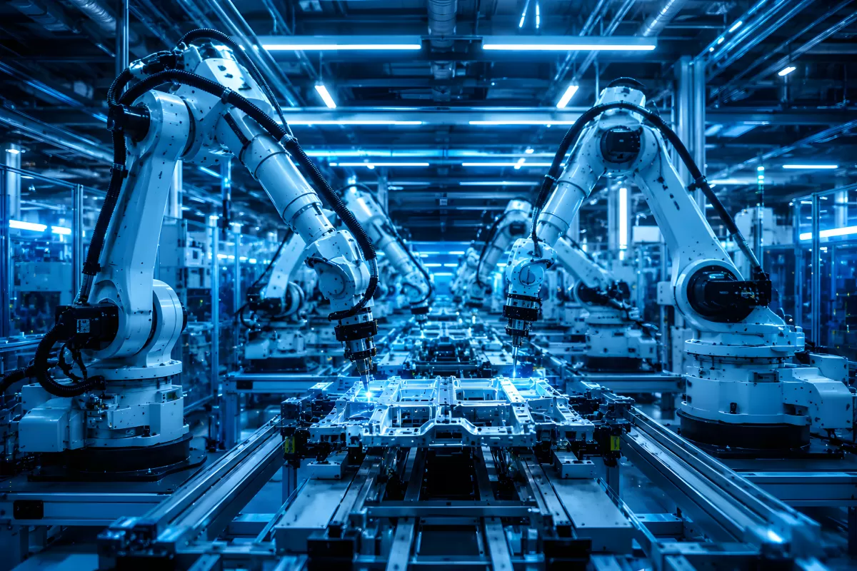 Vollautomatische Roboteranlage in moderner Fabrik