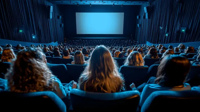 Vollbesetzter Kinosaal mit großer Leinwand und Lichteffekten