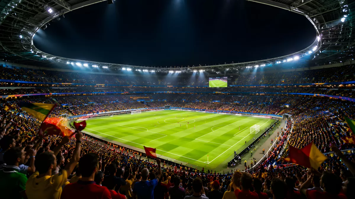 Vollbesetztes Fußballstadion bei einem Abendspiel
