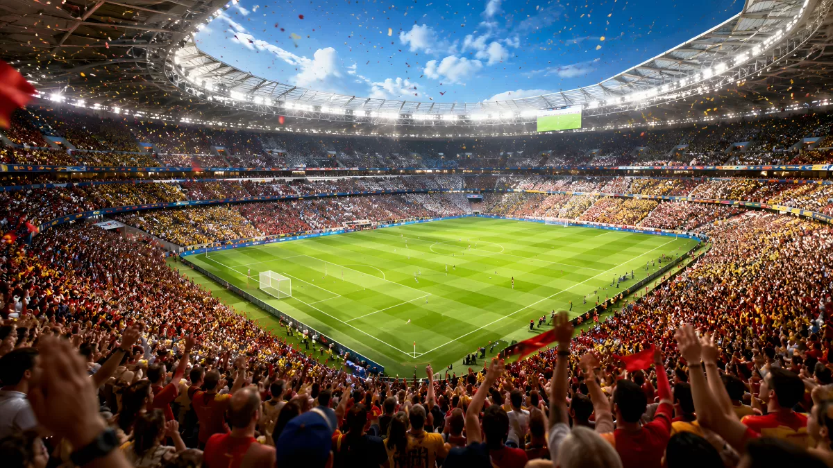 Vollbesetztes Fußballstadion mit jubelnden Fans