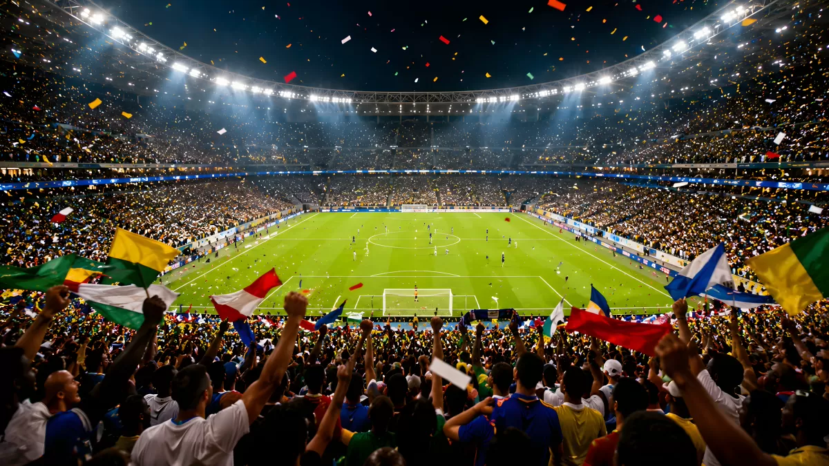 Vollbesetztes Fußballstadion mit Konfetti und Fahnen