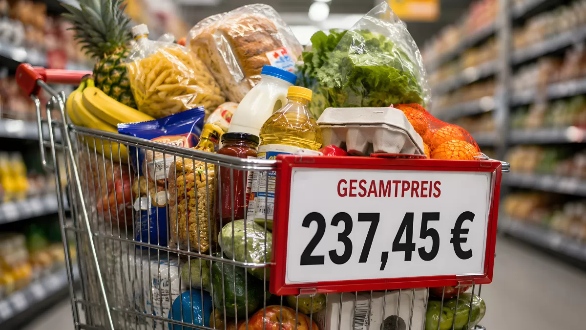 Voller Einkaufswagen mit Gesamtpreis 237,45 Euro im Supermarkt