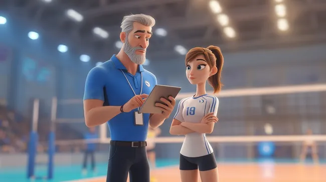 Volleyballtrainer und Spielerin im Stadion-Coaching