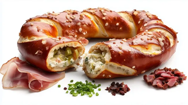 Vollgebackene Brezelstange mit Käse und Schinken