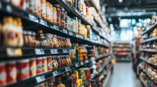 Vollgepackte Supermarktregale mit vielfältiger Produktauswahl