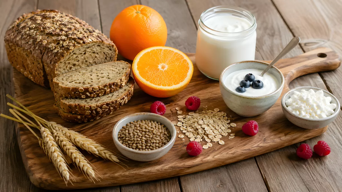 Vollkornbrot mit Joghurt, Obst und Hülsenfrüchten