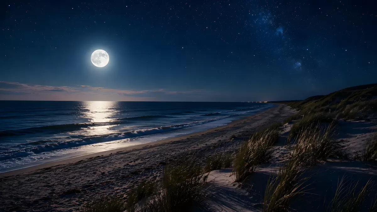 Vollmond über ruhigem Strand bei sternenklarer Nacht