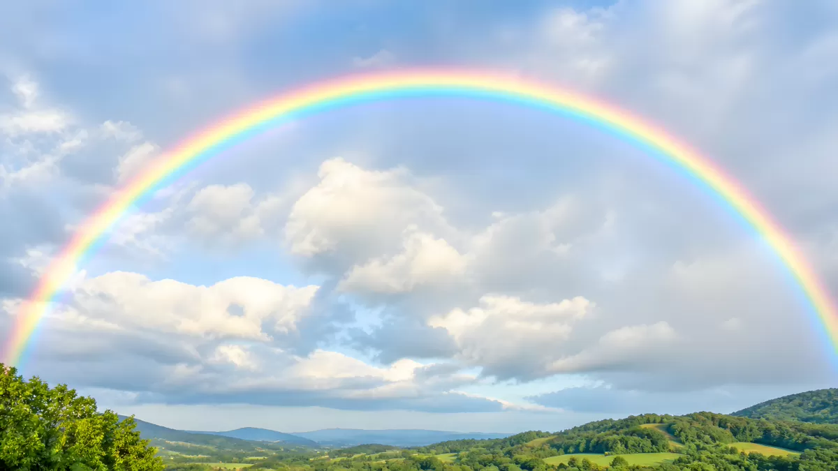 Vollständiger Regenbogen über grüner Hügellandschaft