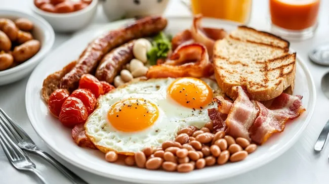 Vollständiges englisches Frühstück mit Speck und Eiern