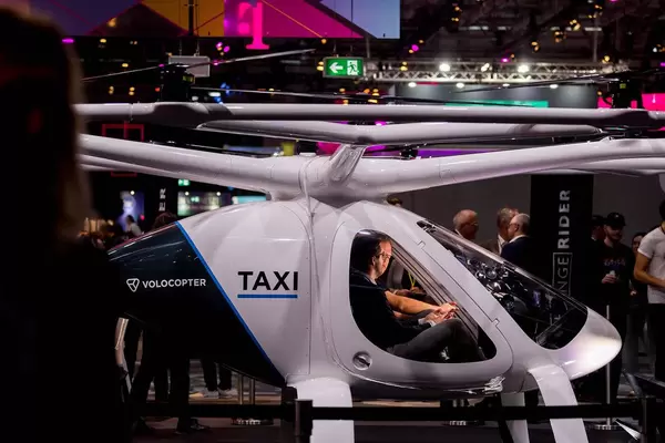 Volocopter flying taxi from the side at Digital X in Cologne