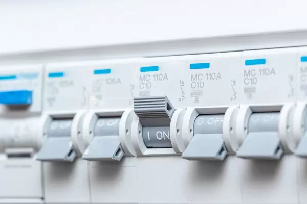 Voltage switchboard with circuit breakers. Electrical background