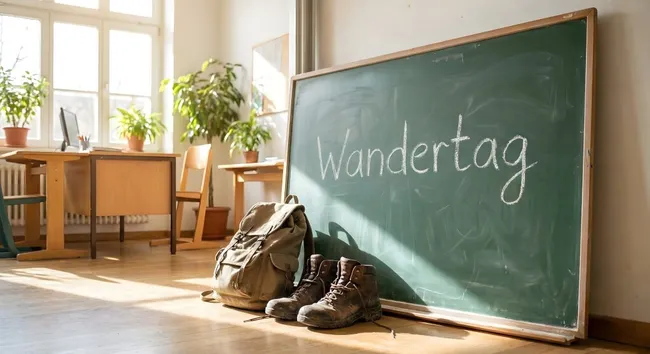 Vorbereitungen für den Schulausflug mit Rucksack und Wanderschuhen