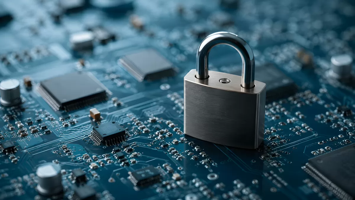 Vorhängeschloss auf blauer Computerplatine