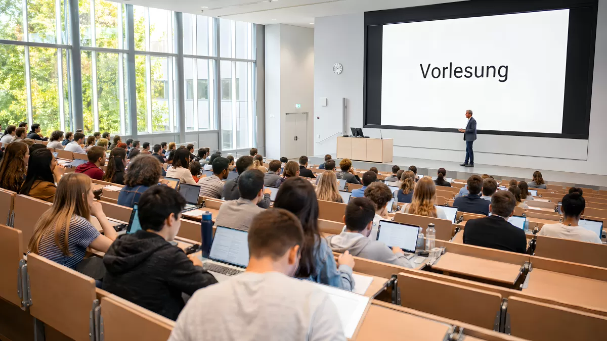 Vorlesung im modernen Hörsaal einer deutschen Universität
