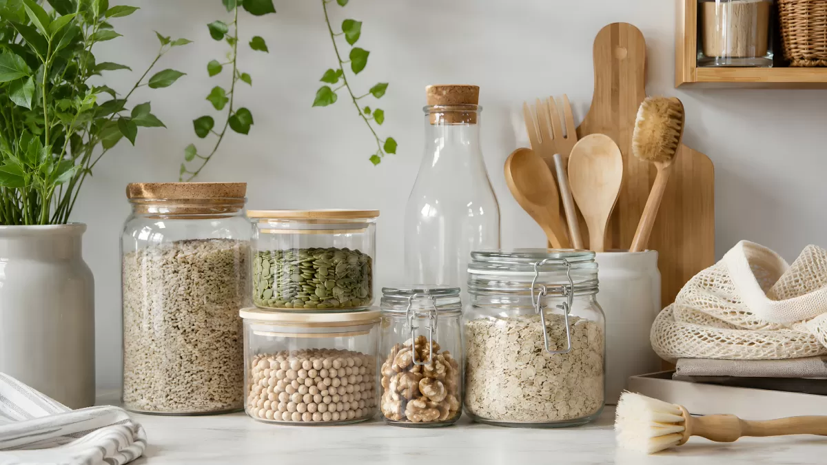 Vorratsgläser mit Körnern und Nüssen auf Küchentheke