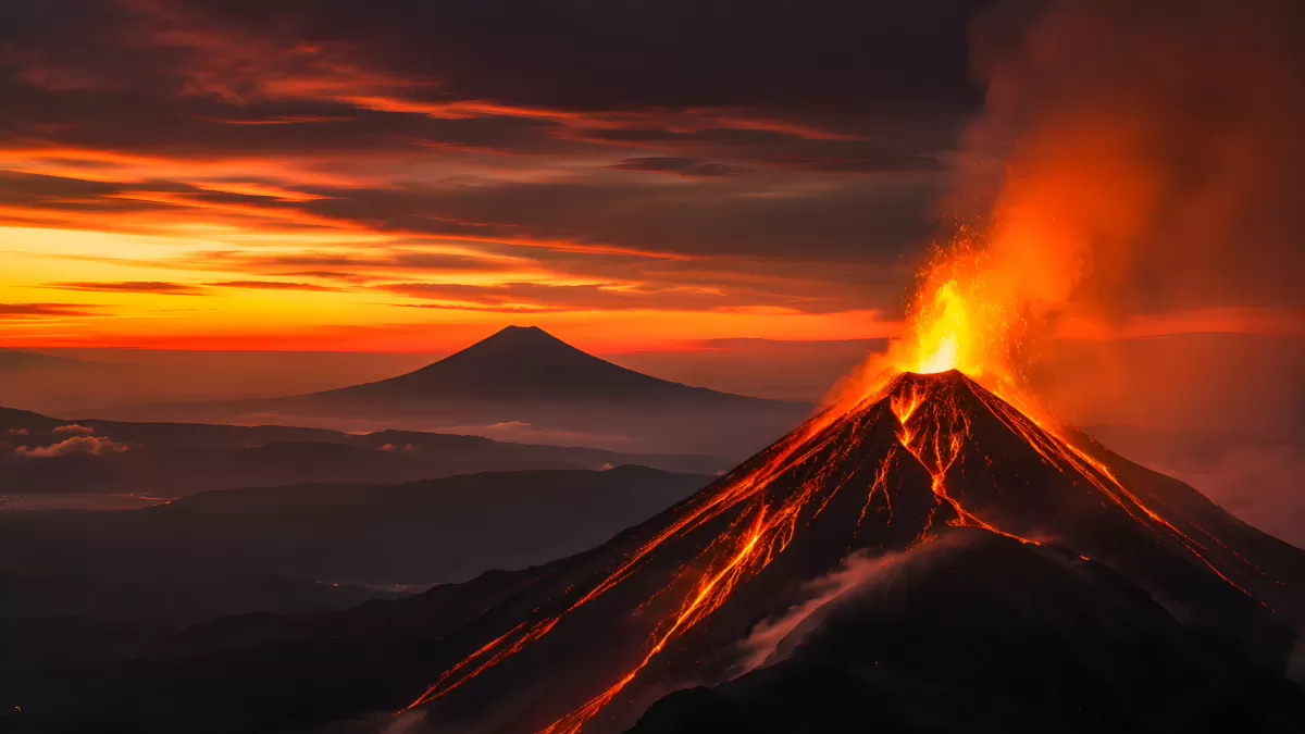 Vulkanausbruch bei Sonnenuntergang mit Lavaströmen