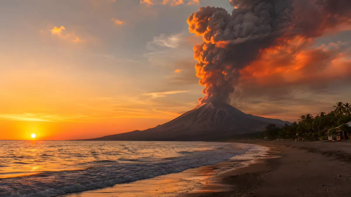 Vulkanausbruch mit Aschewolke bei Sonnenuntergang am Meer