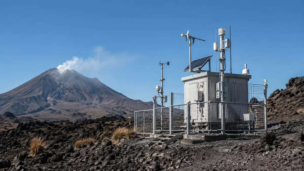 Vulkanüberwachungsstation vor aktivem Vulkan