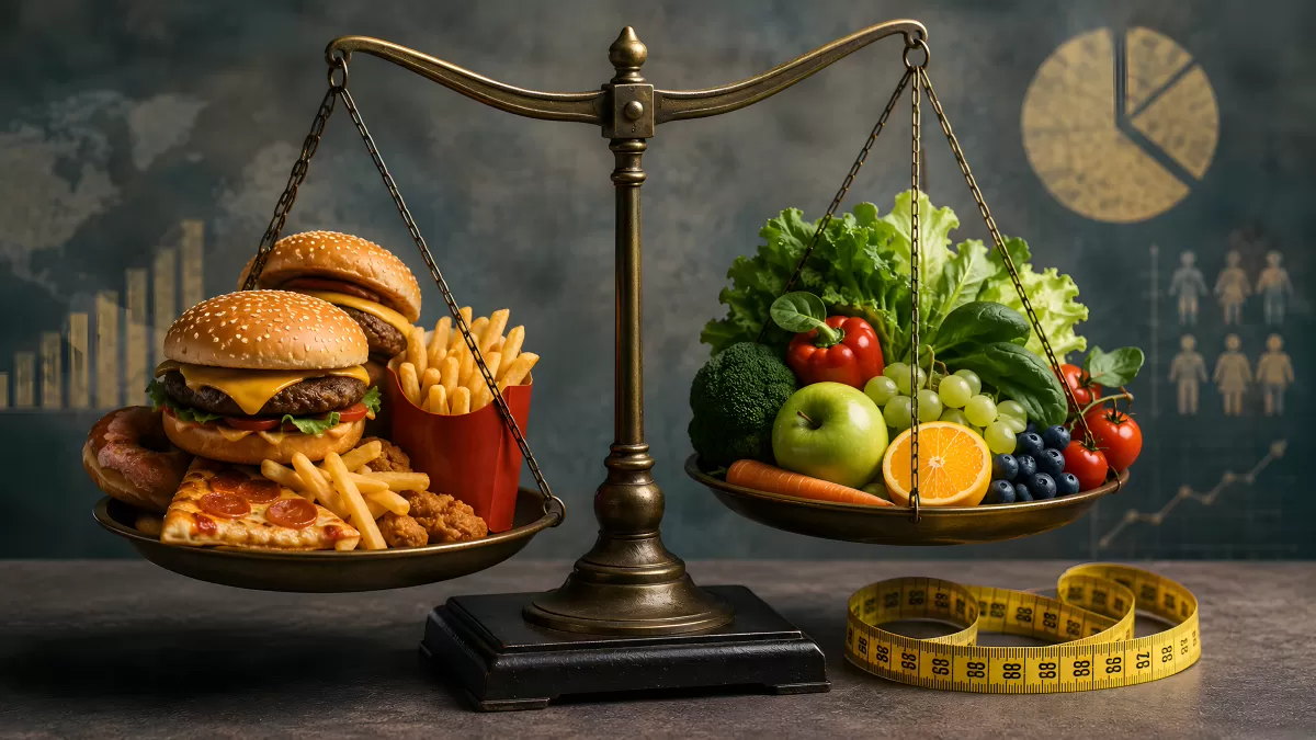 Waage mit Junkfood und Gemüse – Ernährungsvergleich